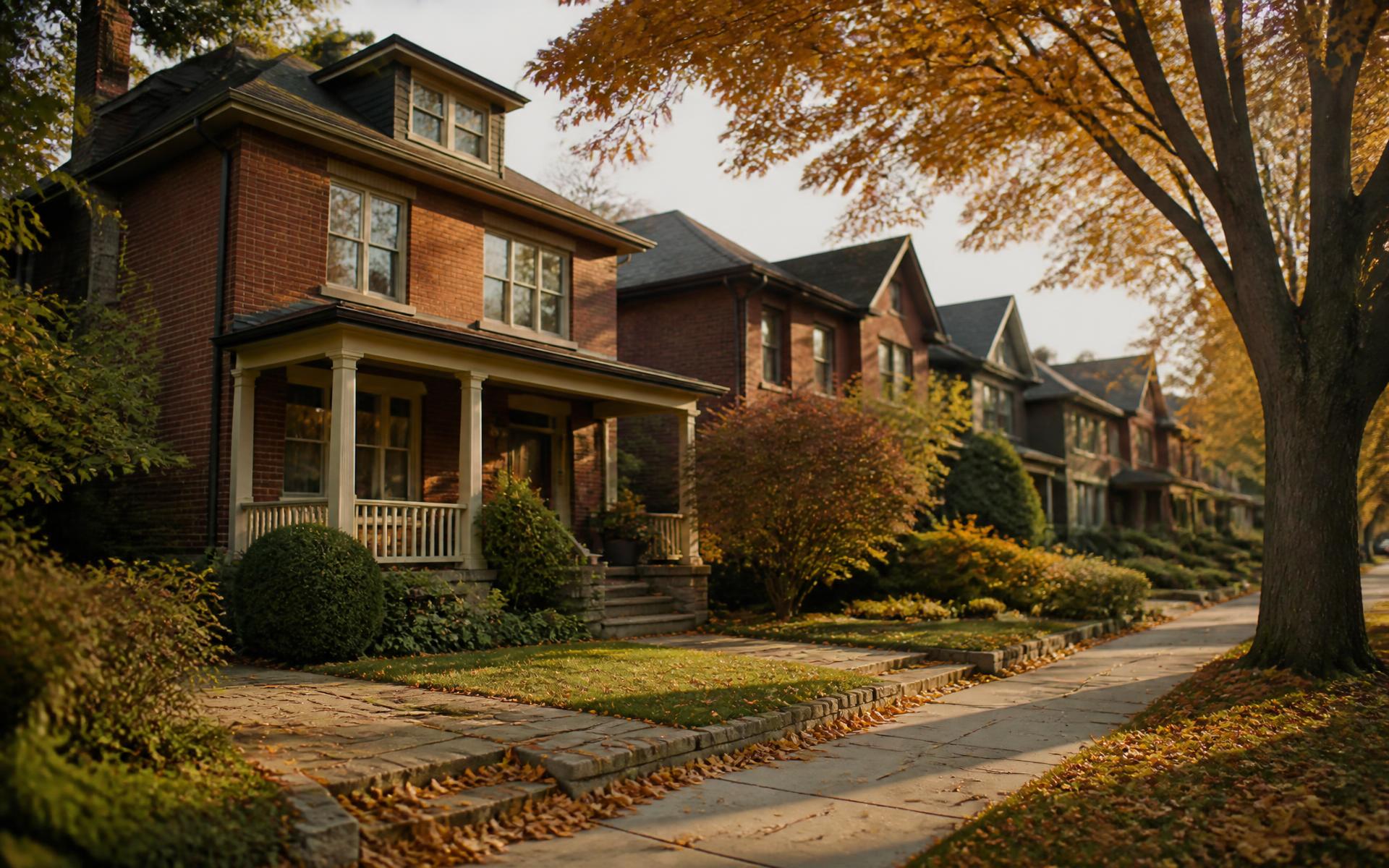 A brick detached home on a tree-lined Toronto street in autumn morning light